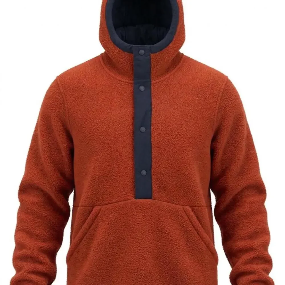 The North Face orange fleece hoodie with navy blue trim, size M